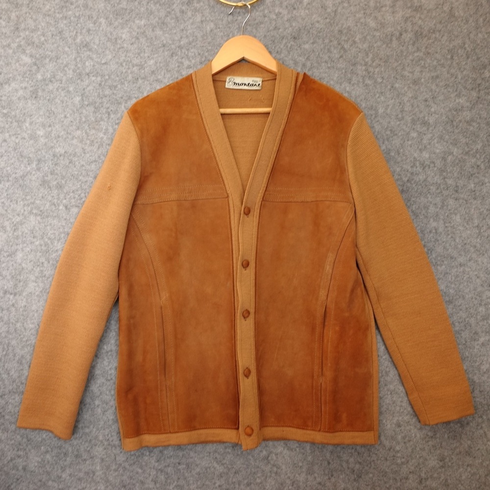 Vintage 70s PULL MONTANT Sweater Men M Camel Tan Suede Knit Cardigan Wool FRANCE